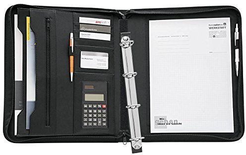 WEDO 581101 Collegemappe A4, genarbtes Kunstleder, Reißverschluss, mehrere Fächer, herausnehmbare 4-Ring-Mechanik, Stiftschlaufen, inkl. Solar Taschenrechner, schwarz