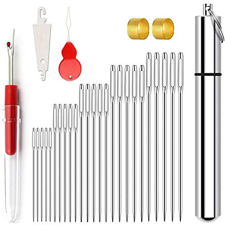 Redamancy Nähnadeln, Nadeln Großem Öhr, 25 Stücke Groß Auge Nadel, 5 Größen von Stahl Nähnadeln, Sticknadeln mit 1 Aluminium Aufbewahrungsrohr, 2 Fingerhut, 2 Einfädler, 1 Nahttrenner