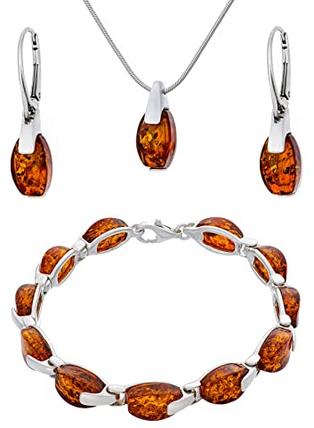 AMBEDORA Stort damset Amber 015, sterlingsilver finish glans, konjakfärgad baltisk bärnsten, armband, hänge med kedja och örhängen, Sterlingsilver, Bärnsten