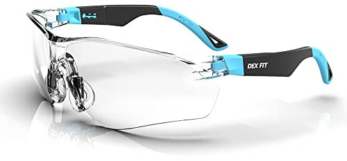 DEX FIT Schutzbrille Arbeitsschutzbrille SG210, Z87 Augenschutz Schutzbrille, Beschlag- und Kratzfest, Verstellbar für Damen und Herren, UV Brille (Schwarzer und Blauer Rahmen, Klare Gläser)