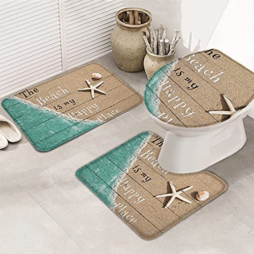 Set 3Tlg Badematten Strand Sommer Ocean Star Farmhouse Grain Anti-Rutsch Contour Badteppich Weiche Wc-Sitzbezug Badgarnitur Matte