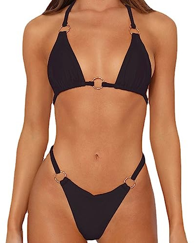 TTPSRY Maillots de Bain 2 Pièces pour Femme Bikini Triangle Col en V Bikini Rembourré Classique (Noir/M)