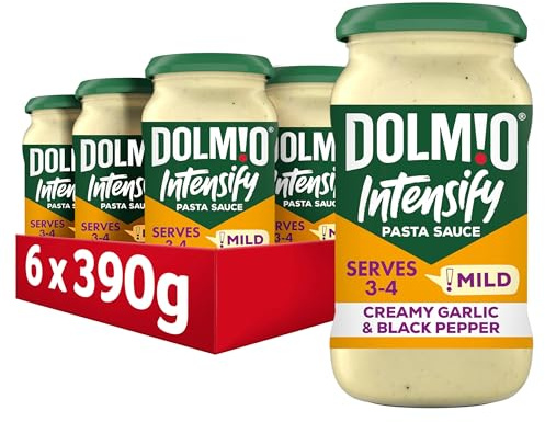 Dolmio Intensify Pasta Sauce Mild Creamy Garlic & Black Pepper Jar, perfect for a quick pasta meal for 3-4, Bulk Multipack 6 x 390g