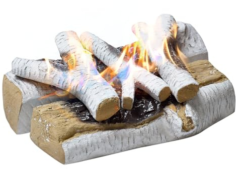 Skypatio Gas-Kaminholz-Set, hitzebeständig, realistische Keramik-Holzscheite für Innen- oder Außenbereich, Feuerstelle, Dekoration, leicht und tragbar, Weiß, 5 Stück
