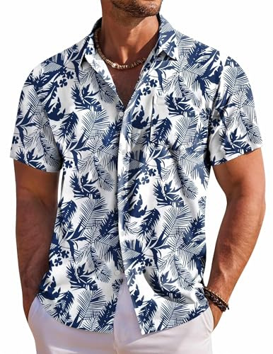 COOFANDY Men's Short Sleeve Hawaiian Shirts Casual Summer Vacation Shirts, White - Palm Leaf, Large