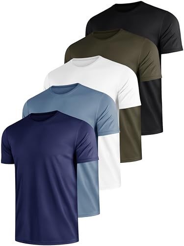 E-LIINJOYE 5-pack sport herr-t-shirts snabbtorkande ventilerande män sommar funktionell skjorta träningströja fitness löpartröja rund hals kortärmad t-shirt herrset, (Svart/vit/ljusblå/brun/mörkblå),