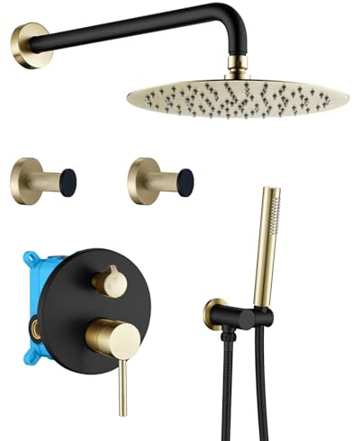 WRKMH Shower Faucet Set Black and Brushed Gold Rainfall Shower System Wall Mounted Shower Complete Combo Set with 10 Inch Round Rainfall Shower Head, Handheld Shower Head, 2 pcs Shower Hooks