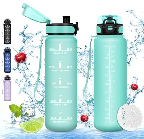 Vikaster Bouteille, Gourde 1Litre, sans BPA, Étanche & Réutilisable, Bouteille d'eau avec Marqueur de Temps et Filtre, Convient Pour la Enfant & Adulte, Gym, Yoga, Camping, Sport