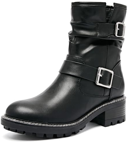 Ruiee Women's Ankle Boots Slouchy Flat Ladies Booties Low Chunky Heeled Riding Combat Boot Comfortable Casual Round Toe Short Boots for Women.240963 Black PU UKSize5.5