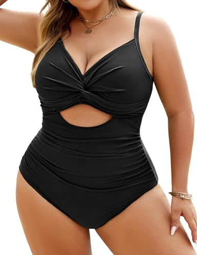 heekpek Maillot de Bain Grande Taille Femme 1 Pieces Push Up Rembourré Maillot de Bain Ventre Plat Femme Taille Haute Maillot Gainant Col en V Swimsuit, Noir, M