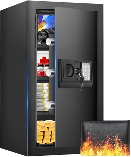 75L Großer Safe Tresor Feuerfest für Zuhause, Möbeltresor Feuerfest mit Zahlenschloss, Safe Tresor Feuerfest Wasserdicht mit Intelligente Alarme, Schranktresor für Gold Schmuck Dokumente