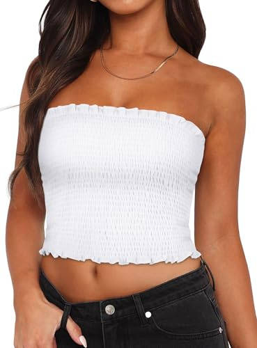 Tube Tops pour Femmes Été Dos Nu Plissé Crop Top Ajusté Chemise Sans Manches, Blanc., L