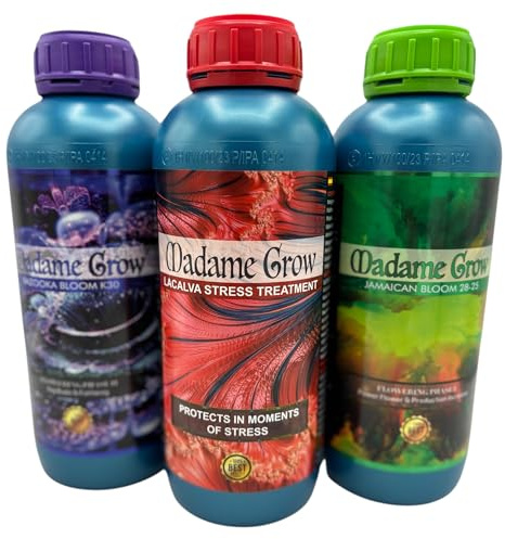 MADAME GROW Kit PK Ekologisk 3 x 1L, Lacalva + Jamaican + Bazooka, växtgödsel, växtgödsel, alggödsel, blommande gödningsmedel, näring och energi