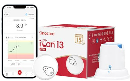 sinocare 15-Day Continuous Glucose Monitoring System, Less Finger Pricks, with iCan CGM APP, Output Every 3 Minutes, Blood Sugar Monitor, 1 Pcs × iCan CGM, for UK Diabetes