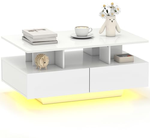 HOMCOM Mesa de Centro LED Moderna Mesa de Café Brillante con 4 Cajones Estante Abierto y Luces LED de 16 Colores para Salón 90x55x41 cm Blanco Brillo