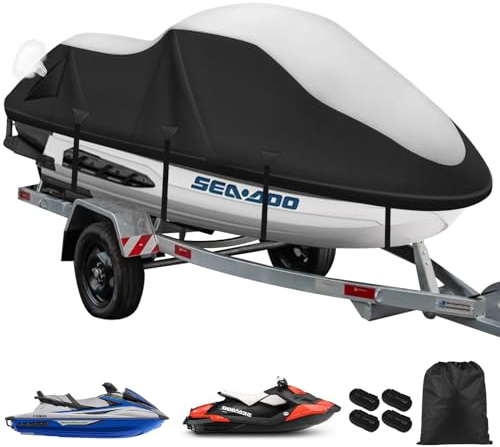 Funda Moto Acuática 3 Plazas 900D Impermeable Alta Resistencia, 2 Orificios Ventilación, 4 Hebillas Antiviento, Funda Embarcaciones Universal, 305-345CM Plata-Negro
