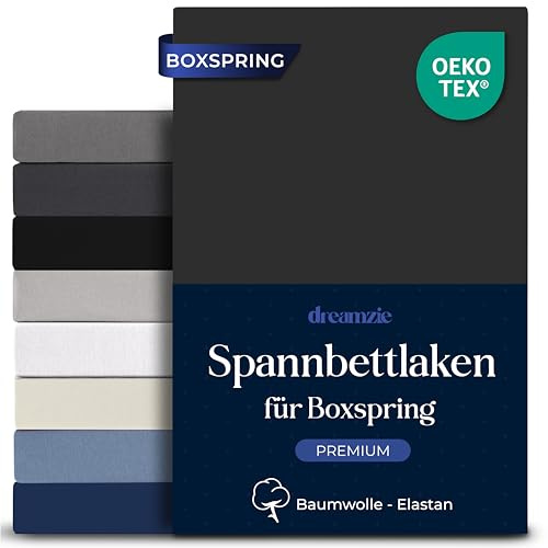 Dreamzie Boxspring Spannbettlaken 140x200cm - Baumwolle Elastan Premium Komfort 250 GSM - 40 cm, Boxspringbett oder Dicke Matratzen - Oeko-Tex - Dunkelgrau