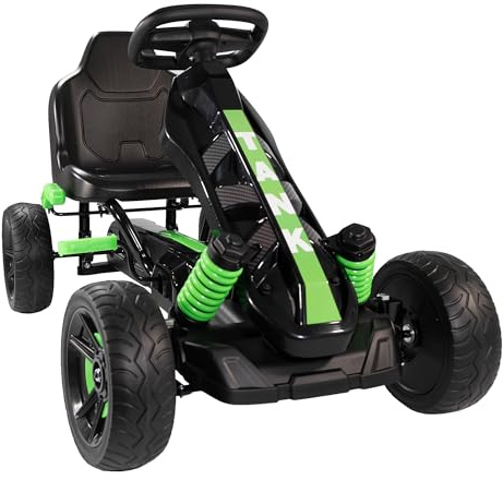 Lemodo Go Kart Tretfahrzeug grün – Kinderfahrzeug mit Handbremse und Deko-Stoßdämpfer, Tretauto für Kinder ab 3 Jahre, GoKart Pedalfahrzeug, Outdoor-Fahrzeug mit Pedalantrieb, Fahrzeug mit Pedalen