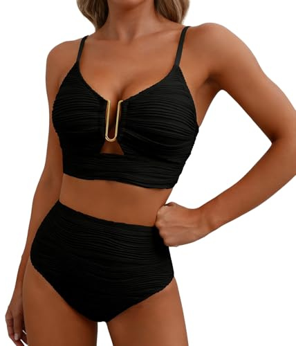 LXEASYGO Women's High Waisted Bikini Set 2 Piece Swimsuit Tummy Control Swimwear Full Coverage Bottom Adjustable Bikini Set for Women (UK, Numeric, 16, 18, Regular, Regular, Black)