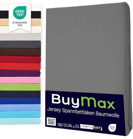 Buymax® Spannbettlaken 120x200cm Baumwolle 100% Spannbetttuch Bettlaken Jersey, Matratzenhöhe bis 25 cm, Farbe Anthrazit-Grau
