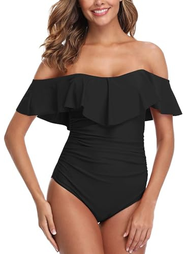 ZINPRETTY Maillot de Bain Une pièce rétro pour Femme - Contrôle du Ventre - Épaules dénudées - Monokini à Volants - Couverture complète, XX-Large