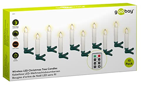 goobay 49873 Candele per albero di Natale a LED senza fili con funzione timer/candele LED con telecomando/fiamma tremolante, candele elettriche/candele per albero di Natale, set da 10 pezzi, bianco