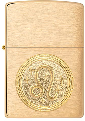 Zippo Briquet Tempête - Emblème Lion, Zodiaque - Finition Laiton Brossé - Rechargeable - Réutilisable - Design Coupe-Vent - Coffret Cadeau Fabriqué aux États-Unis - Exclusivité Amazon