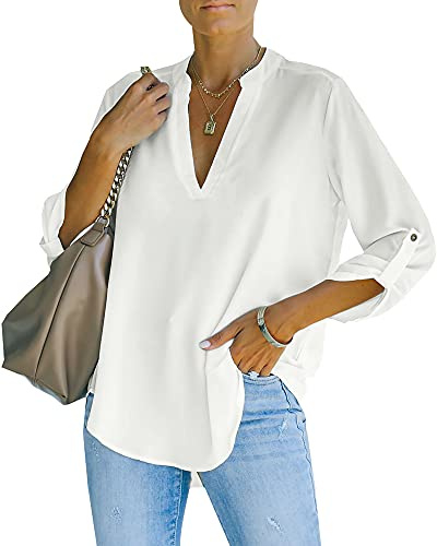 NONSAR Chemisier élégant à col en V pour femme Henley Chemisier ample à manches enroulables, Blanc., XL