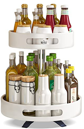 Auvrgmin 360°Drehbare Küche Gewürze Organizer weiß, Edelstahl Kugellager Drehteller Organizer, Regal für Küche, Bad, Balkon, Schminktisch- Gewürzregal Plattenspieler (2 Etagen) (Weiß)