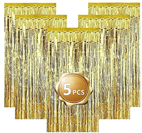 Eowppue Tenda Lametta Oro Scintillante, 5 Pezzi, Tende Lametta con Frange in Lamina, Piene e Luminose, per Matrimonio, Fidanzamento, Doccia della Sposa, Compleanno, Festa di Addio al Nubilato