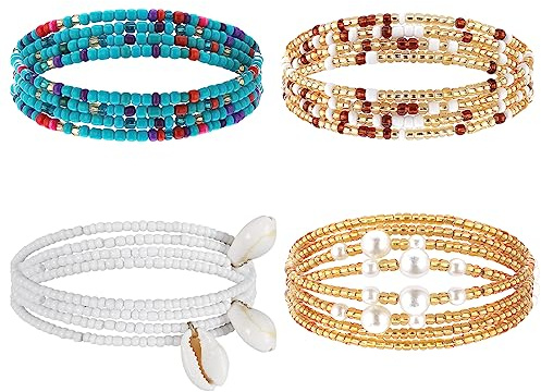 Teaaha 4PCS Waist Beads for Women African Waist Beads Plus Size Layered Belly Bead Body Chain Colorful Waist Jewelry Beads for Weight Loss Elastic Chain for Women Girls(31.4in)