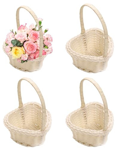 Cestino per fiori, 4 pezzi, cestino di vimini piccolo, a forma di cuore, intrecciato a mano, con manici, mini cestini in vimini intrecciato in rattan, stile pastorale, cesti regalo per matrimoni,
