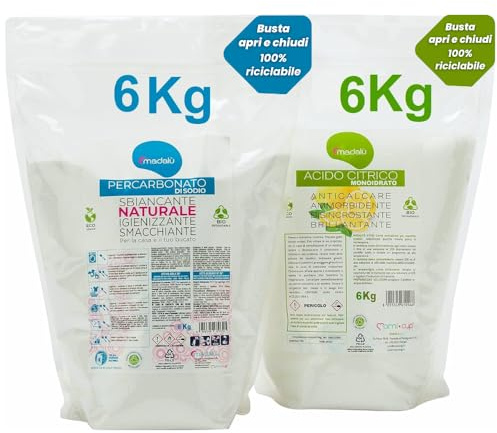 Kit Acido Citrico per Lavatrice + Percarbonato di Sodio Sbiancante (6 + 6 Kg) Azione Combinata per Sbiancante Bucato e Ammorbidente, Anticalcare Bagno, Antimuffa, Busta Richiudibile Riciclabile