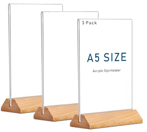 Rifeinoo A5 Acryl Aufsteller, 3 Stück Tischaufsteller A5 mit Holz Sockelboden,Menükartenhalter Plakatständer kann Aufsteller Poster, Flyer, Speisekarten, T- Ständer für Blätter(Vertikale)