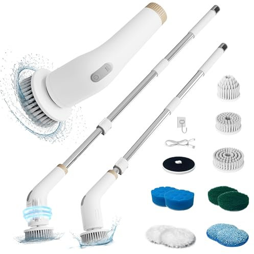 NanoMin 13 in 1 Elektrische Elektrische Reinigungsbürste mit Verlängerungsgriff, Badzubehör-Set mit 11 austauschbaren Bürsten für Toilette, Badewanne, Küche, Boden(Ivory White)