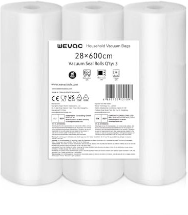 Wevac Lite 3 Packs Food Vacuum Sealer Rolls Bags, 28 x 600cm Extra-Wide Sous Vide Bags, Freezer-Safe, Longer Freshness for Meal Prep (Total 18m)