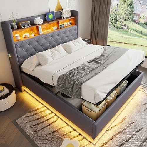 Kebnor Cama tapizada LED, cama acolchada con espacio de almacenamiento USB y espacio de almacenamiento hidráulico, tela de lino agradable a la piel (gris, 160 x 200 cm)