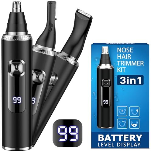 Cortapelos Nariz y Oreja, 3 en 1 Recortador Pelos Nariz, LED Batería Pantalla, Indoloro Quita Pelos Vello Facial, Corta Cejas, Bigote, Corpo, Hombre y Mujere, Cuchillas Doble Filo, USB-C, IPX7