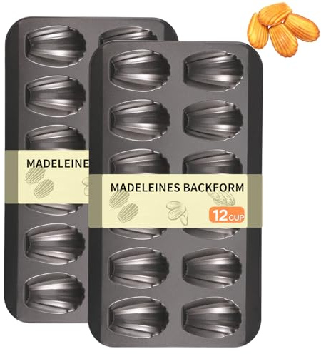 Gatphy 2 Stück Madeleines Backform 40x22,5cm Kohlenstoffstahl, Madeleines Form mit 12 x Muschel Form, Antihaftbeschichtung, Gleichmäßige Erwärmung zum Backen Zuckerkeksen Shortbread (Schwarz)