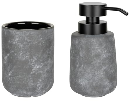 WENKO Seifenspender Mod. Sacile freistehendes Bad-Accessoire Set aus Keramik für Bad Deko und Badezimmer Zubehör Ø 9 x 16 cm Grau/Schwarz 0,4 l