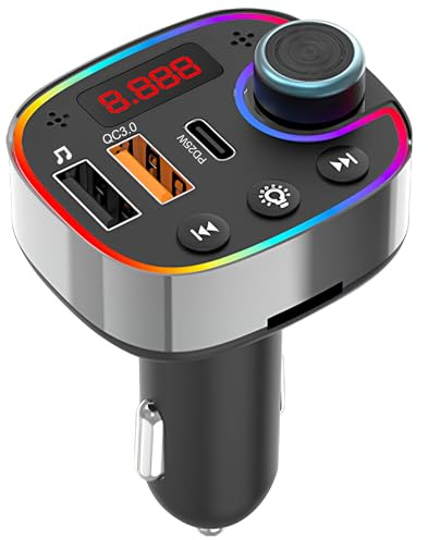 Bluetooth Car Adapter Wireless Radio Receiver 5.0 FM Transmitter PD 25W & QC 3.0 Fast Charger with 2 USB Ports Hands Free Phone Calling for 12V/24V Cigarette Lighter U Disk MP3 Music Player Device
