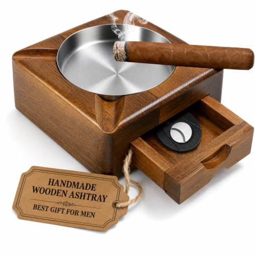 WEFHEF Posacenere per Sigari in Legno con Vaschetta in Acciaio Posacenere per Sigarette in Legno con 4 Fessure Posacenere Portatili con Cassetto Accessori Sigari per Casa, Ufficio, Regalo 12x12x4.6 cm