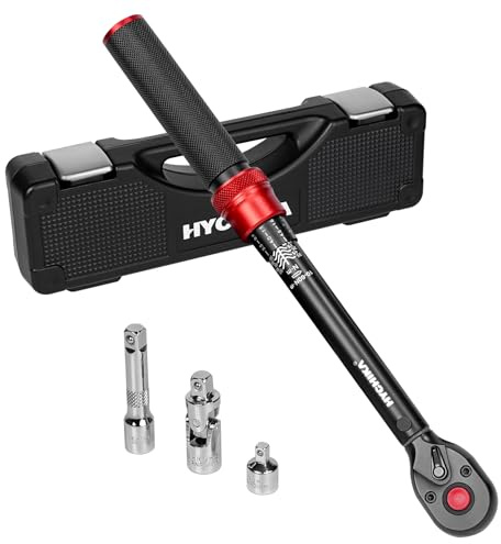 HYCHIKA Cle Dynamometrique, 10-60 Nm Précision ±2%, 72 Crans, Set de Clé Dynamométrique 3/8 avec Adaptateur 3/8 à 1/4, Joint U, Barre de Prolongation 75 mm Pour Voiture, Moto, Velo, Travaux Mécaniques