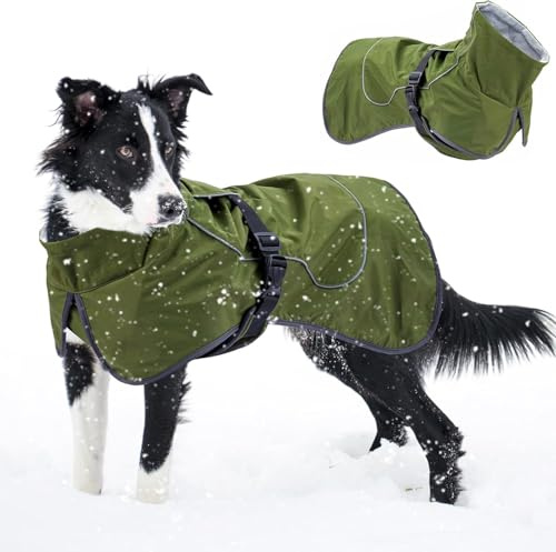 Large Waterproof Dog Winter Coat, Warm Raincoat Jacket with Soft Fleece Lining for Extra Big Dog, Reflective Windproof Cold Weather Rain Coat with Harness Hole for Camping Hiking(Green XXL)