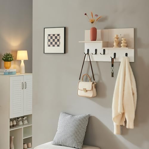 [en.casa] Appendiabiti da Parete con 2 Ripiani Aperti Mensola Attaccapanni a Muro con 5 Ganci Doppi in Metallo per Borse Cappotti 34 x 59 x 13 cm Ingresso Corridoio - Beige/Bianco