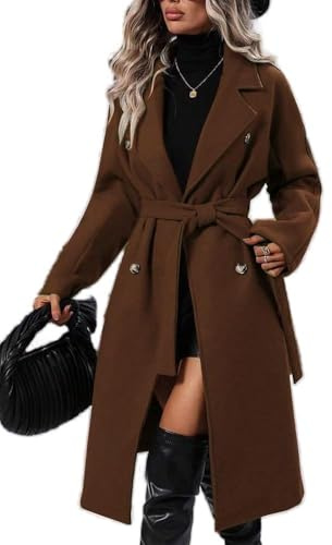 Womens Fleece Ladies Coats Leather Jacket For Women Women's Vintage Double-Breasted Trench Coat Wool Blend Lapel Collar Winter Slim Fit Jackets Outwear Autumn Elegant Trench with Belt