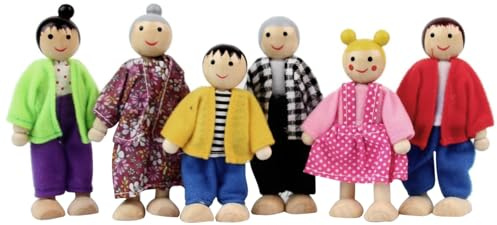 Temeemeg Casa de Muñecas Personas 6 Figuras Familiares Figuras de Casa de Muñecas de Madera Viste a Familias Felices con Lindas Expresiones para Niño y Niña..