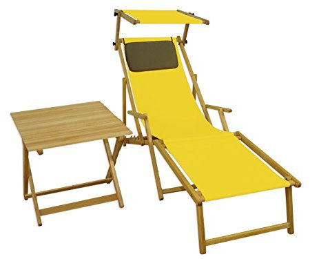Liegestuhl gelb Fußteil Sonnendach Kissen Tisch Gartenliege Holz Sonnenliege Buche 10-302NFSTKD