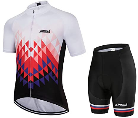 JEPOZRA Fahrradtrikot Herren MTB Kleidung Sommer Lycra Radbekleidung Atmungsaktiv Radtrikot Kurzarm + Fahradhose mit Sitzpolster 4D für Fahrrad Rennrad Mountainbike (L, Rot weiß)