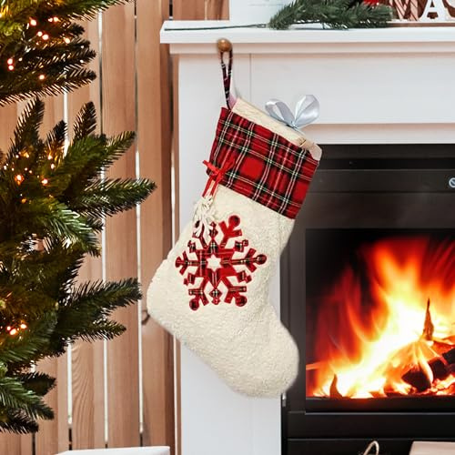 unel Snowflake Christmas Stocking, Red Tartan Pattern & Snowflake Design, Large Xmas Stockings for Adults & Kids